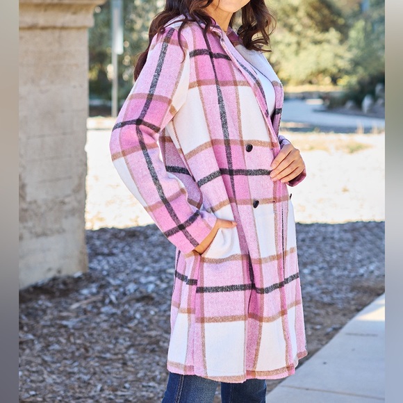 NEW Double Take PLUS + REG Size Pink Plaid Button Up Notched Lapel Collar Coat - Picture 5 of 7